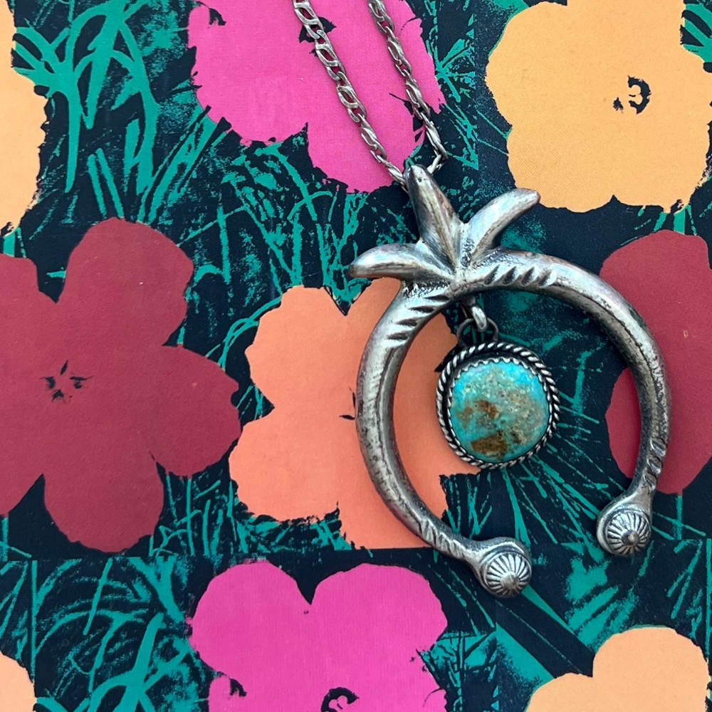 Vintage Turquoise and Sterling Silver Navajo Squash Blossom Necklace Medallion